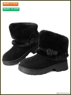Faux Suede Furry Winter Ankle Boots Block Heel Platform Buckle Slip On